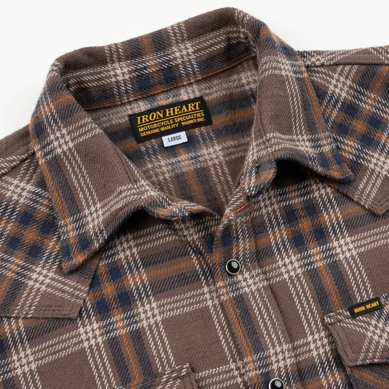 Iron Heart IHSH-431 Slubby Heavy Flannel Check Western Shirt - Brown