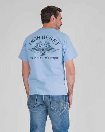 Iron Heart IHT-2502 7.5oz Printed Loopwheel Crew Neck T-Shirt Sax Blue