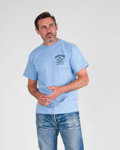 Iron Heart IHT-2502 7.5oz Printed Loopwheel Crew Neck T-Shirt Sax Blue