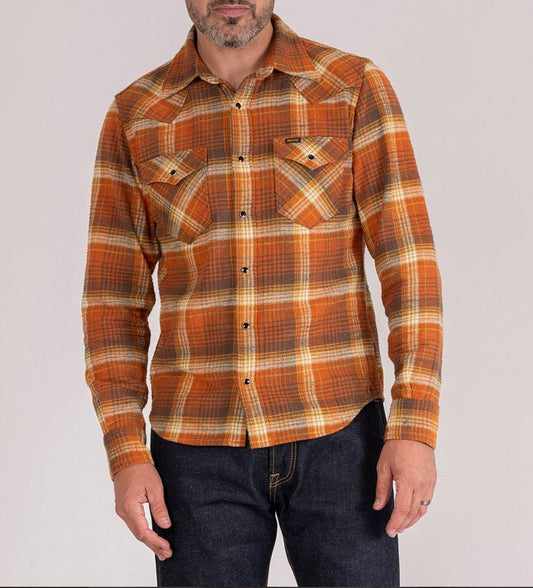 Iron Heart IHSH-399 Slubby Heavy Flannel Check Western Shirt - Orange