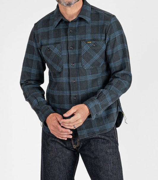 Iron Heart IHSH-408  Slubby Heavy Flannel Check Work Shirt - Black