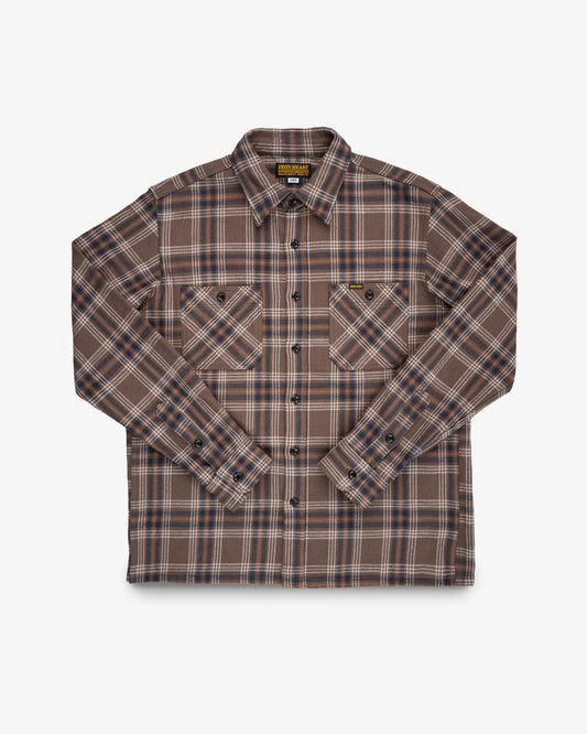 Iron Heart IHSH-430 Slubby Heavy Flannel Check Work Overshirt - Brown