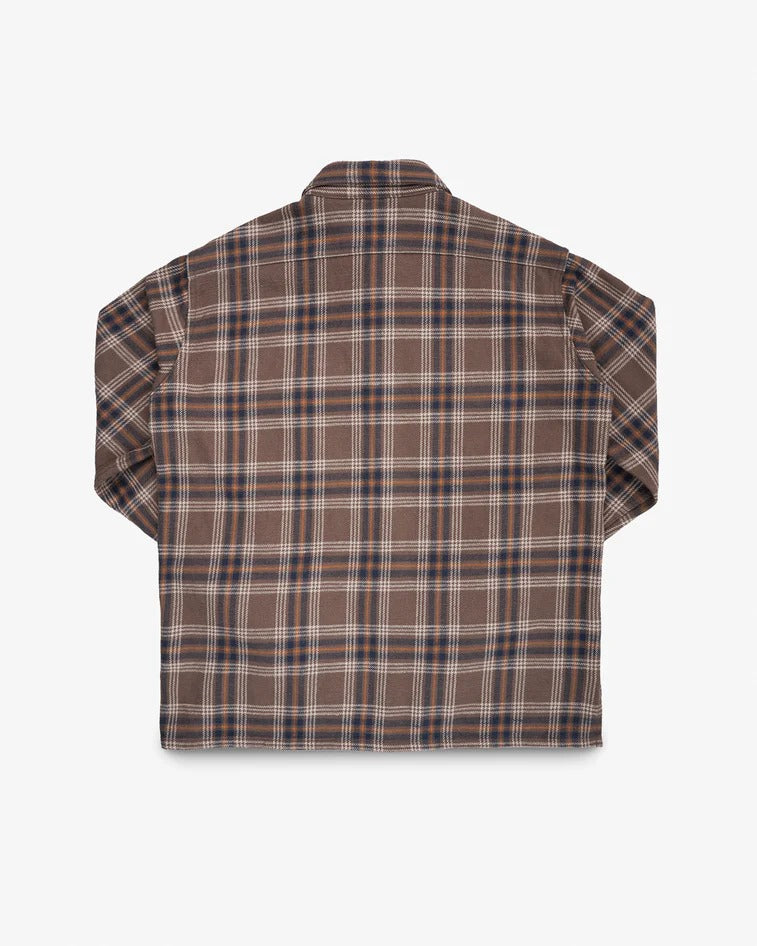 Iron Heart IHSH-430 Slubby Heavy Flannel Check Work Overshirt - Brown