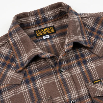 Iron Heart IHSH-431 Slubby Heavy Flannel Check Western Shirt - Brown