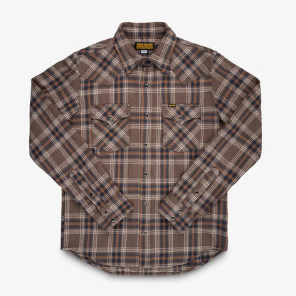 Iron Heart IHSH-431 Slubby Heavy Flannel Check Western Shirt - Brown