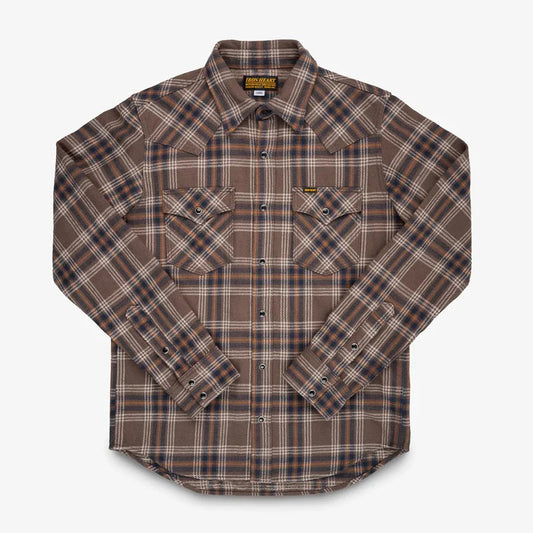 Iron Heart IHSH-431 Slubby Heavy Flannel Check Western Shirt - Brown