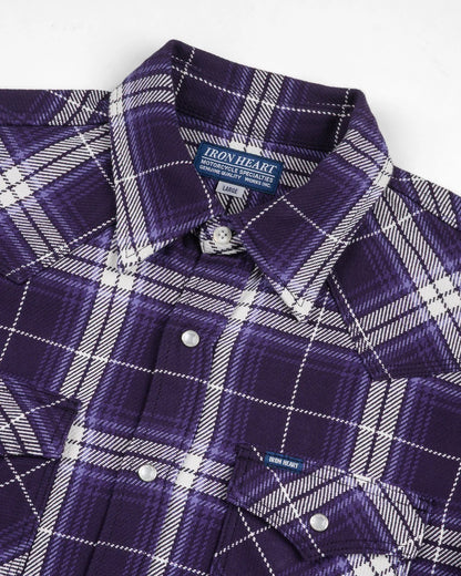 Iron Heart IHSH-439-PUR 9oz Selvedge Flannel Check Western Shirt - Purple