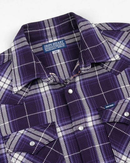 Iron Heart IHSH-439-PUR 9oz Selvedge Flannel Check Western Shirt - Purple