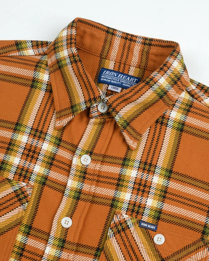 Iron Heart IHSH-442-ORA 9oz Selvedge Flannel Check Work Shirt - Orange