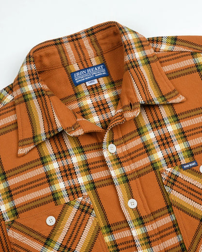 Iron Heart IHSH-442-ORA 9oz Selvedge Flannel Check Work Shirt - Orange