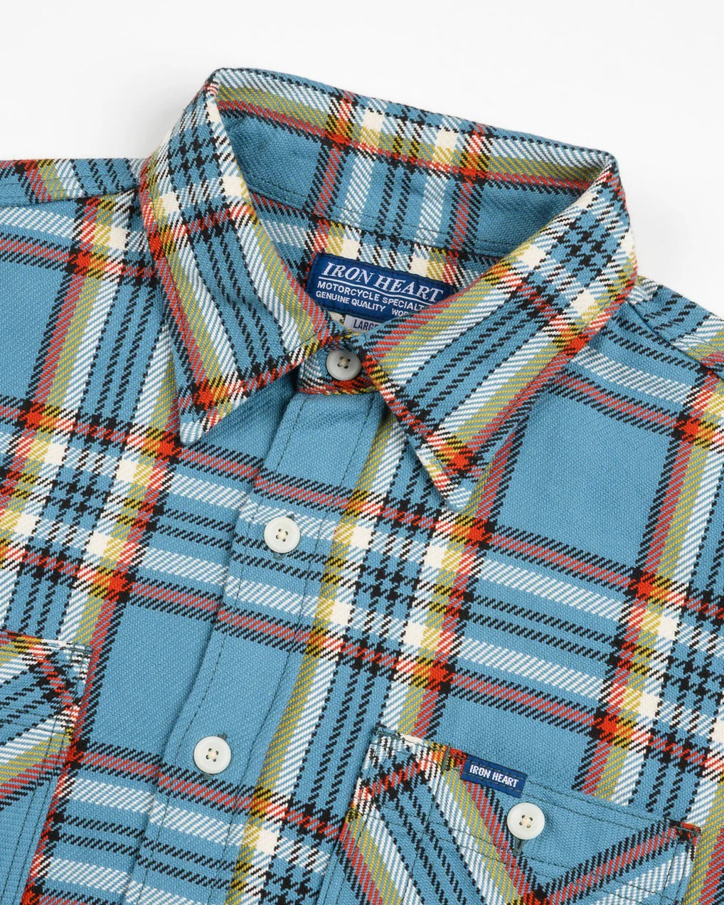 Iron Heart IHSH-442-SAX 9oz Selvedge Flannel Check Work Shirt - Sax Blue