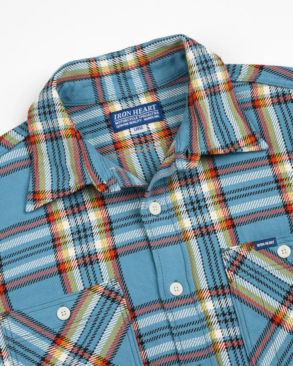 Iron Heart IHSH-442-SAX 9oz Selvedge Flannel Check Work Shirt - Sax Blue