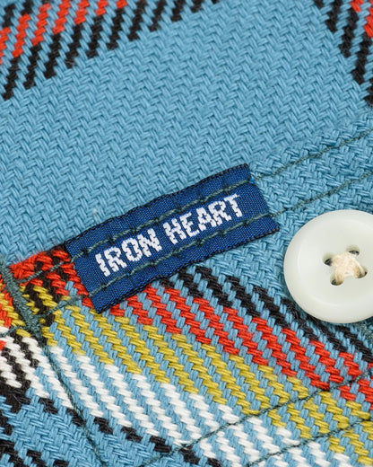 Iron Heart IHSH-442-SAX 9oz Selvedge Flannel Check Work Shirt - Sax Blue